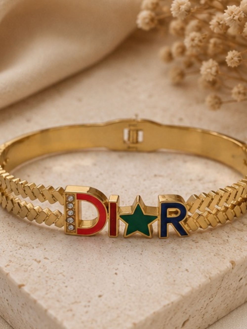 Designer Inspired Gold Colorful Letter Cuff Bracelet